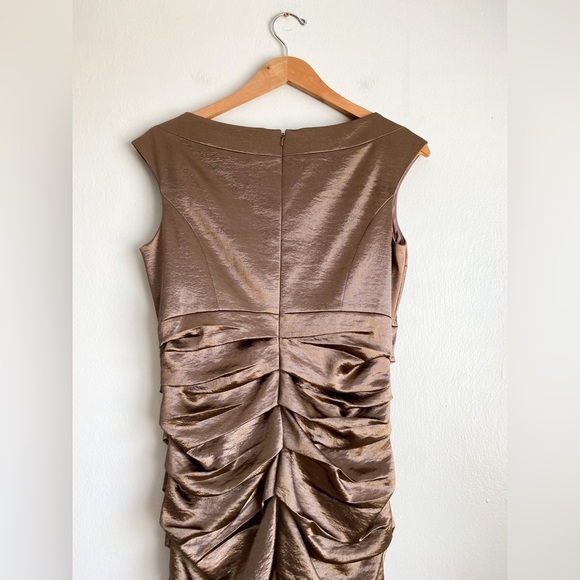JAX Brown Gold Shimmer Ruched Draped Formal Retro Vtg Dress Y2K Metallic Satin 8 - Picture 9 of 11